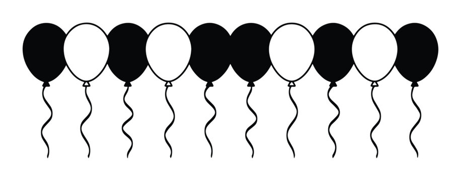 Minimalist balloon border vector, black and white party balloons in a row, decorative festive balloon line for celebration invitations