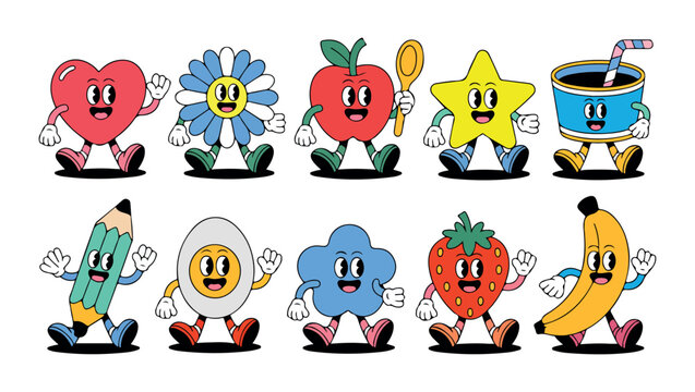 A charming array of everyday objects and fruits depicted as happy cartoon characters
