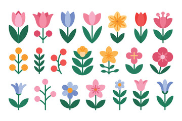 A charming collection of colorful flat design stylized flowers and berry clusters in a grid layout © BULBUL ISLAM