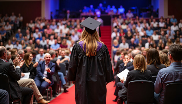 Graduate walking in processional at ceremony hall, celebration of achievement