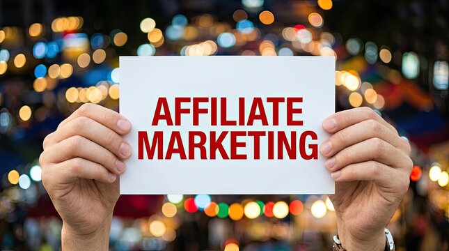 Hands holding Affiliate Marketing sign against blurred lights background.
