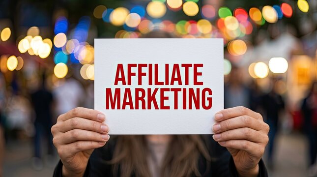 Person holding Affiliate Marketing sign with bokeh lights in background.