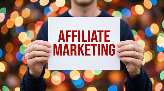 Person holding AFFILIATE MARKETING sign with bokeh lights background.