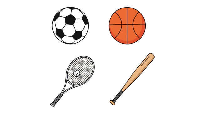 Sports equipment icons on white background.