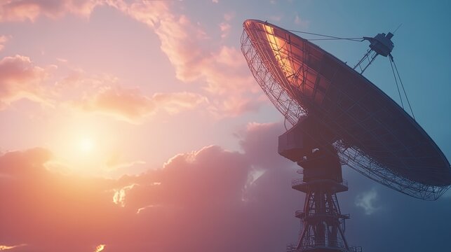 Large satellite dish pointing towards the sky, sending and receiving signals for global communication, observation, and advanced research against a vivid evening sky