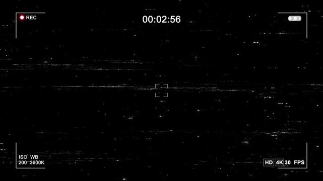 Vintage camera recording interface overlay timecode, REC indicator, ISO settings, subtle glitch noise background. Retro camcorder HUD effect cinematic surveillance style transitions, documentary 4K