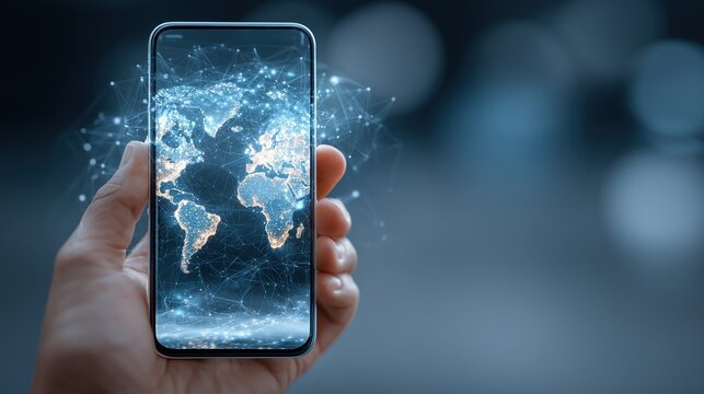 Mobile Phone Displaying Global Network Connectivity Visual, Digital World Map with Network Nodes Tech Illustration