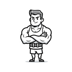 Fototapeta premium Cartoon Muscular Man Bodybuilder Arms Crossed Confident White Background
