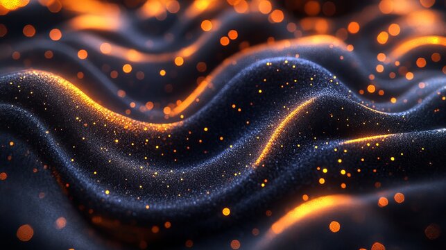 Ethereal Abstract Wave Design with Glimmering Auric Particles Cascading Over Smooth Surface Texture