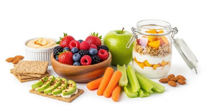 Healthy snack assortment with fresh berries, yogurt parfait, avocado crackers and vegetables, nutritious meal prep for clean eating lifestyle isolated on White Background