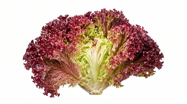 Fresh Red Lollo Rossa Lettuce Head With Vibrant Ruffled Leaves Isolated On A Clean White Background