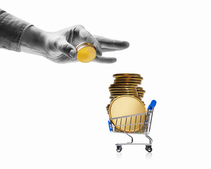 Purchases. Shopping cart and stacked coins - marketing icons representing sales growth isolated on free white background. Money success concept.