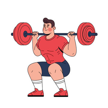 Muscular man doing barbell squat, fitness illustration, weightlifting workout