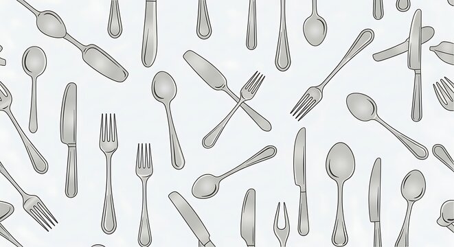 Elegant Silverware Pattern on White Background for Culinary Design.