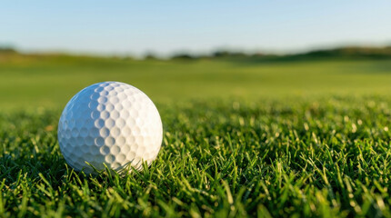 Obraz premium Golf ball grass fairway course outdoor sport tournament banner Golf ball green grass fairway course outdoor sport tournament banner ready for play with calm morning light and shallow depth