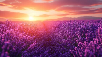 Obraz premium Lavender Field At Sunset With Vibrant Orange Sky And Distant Hills