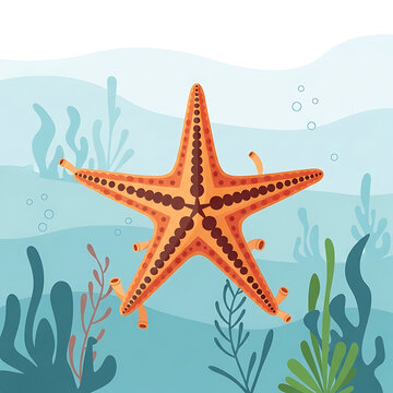 A vibrant orange sea star or starfish with detailed patterns, positioned against a light blue underwater background with aquatic plants and coral