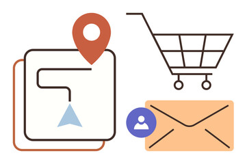 Online shopping, digital marketing, e-commerce navigation, customer communication, business email, user interface. Features map pin, shopping cart mail icon user symbol. E-commerce and digital © robu_s