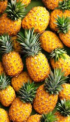 Fototapeta premium A Colorful Display of Fresh Golden Pineapples with Textured Rinds and Green Tops for Summer