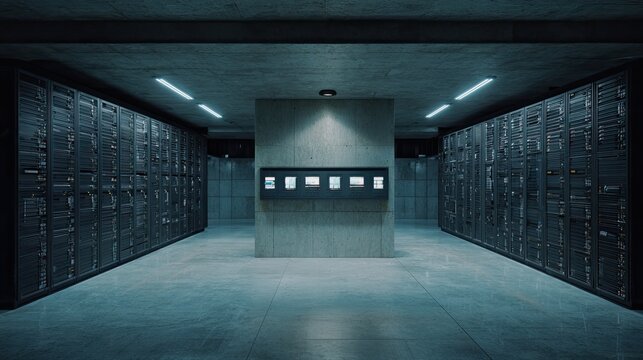 Large server racks standing in a modern data center, providing essential cloud computing and network infrastructure for global communication and big data storage