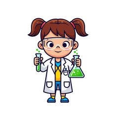 Fototapeta premium Young Scientist Girl Holding Test Tubes and Beakers with Green Liquid