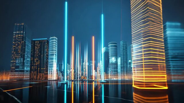 Vibrant Urban Cityscape at Night with Neon Lights and Reflections