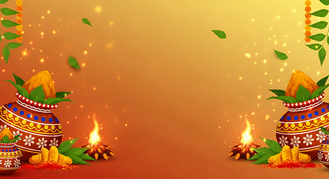 &ldquo;Bonalu Festival warm gradient banner with decorated pots, neem leaves and sacred fire elements 