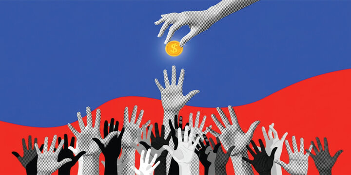 Wealth Inequality Concept Illustration with Hand Giving Coin to Crowd Reaching Up Symbolizing Income Gap, Poverty, Charity, and Economic Distribution in Modern Style