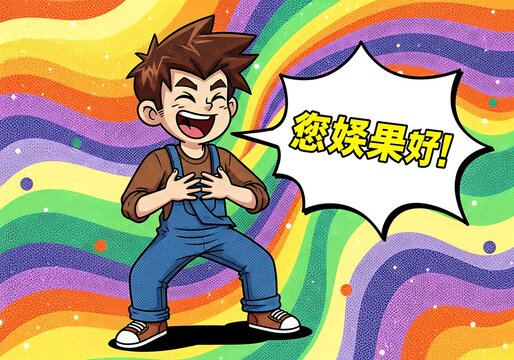 Enthusiastic young farmer character with joyfully exclaiming in Chinese dialogue bubble, vibrant rainbow background