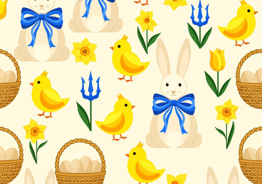 Ukrainian Easter Seamless Pattern with Bunnies, Chicks, Baskets, and Yellow and Blue Spring Flowers
