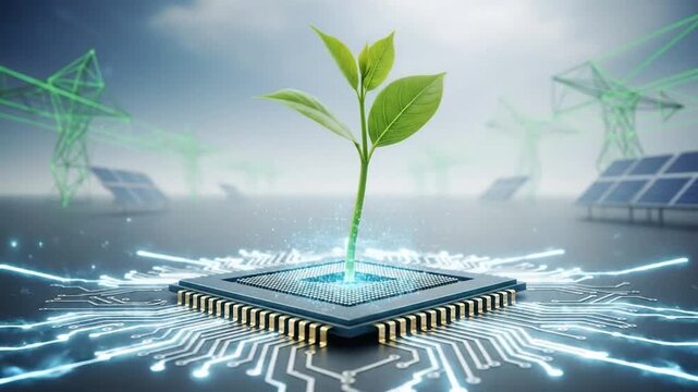 Green technology concept - plant growing from a computer chip.