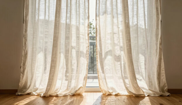 linen curtain moving in sunlight, soft shadows, airy atmosphere, calm feeling