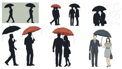 People walking in rain with umbrellas vector CAD illustrations © Stock Image Paradise