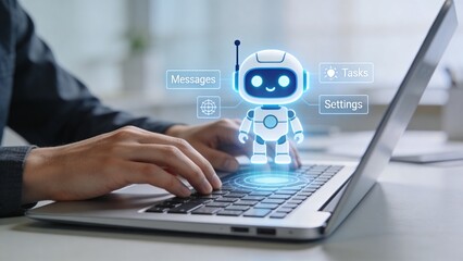 Obraz premium is a digital illustration featuring a person typing on a laptop with a holographic robot interface projected above the keyboard.