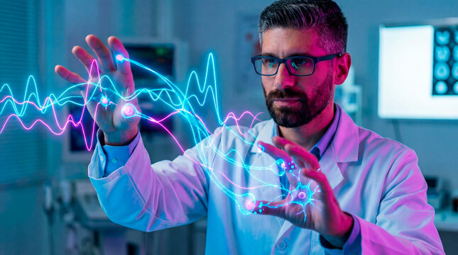Researcher manipulating neural activity waves on holographic interface in laboratory