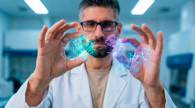 Doctor examining protein structures on holographic molecular interface