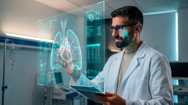 Medical specialist reviewing holographic lung and heart model in hospital room