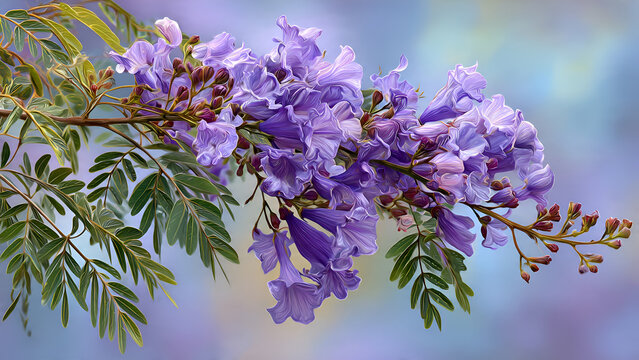 Beautiful blooming purple jacaranda tree branch with delicate green leaves against a soft blurred background