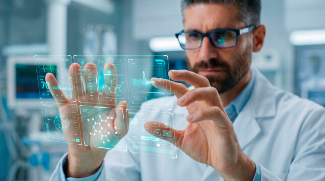 Doctor analyzing medical diagnostics on holographic data panels close up