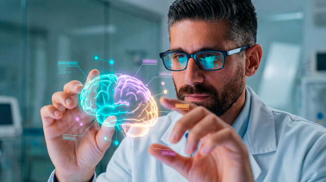Scientist examining holographic brain model with neural interface markers