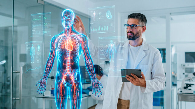 Doctor reviewing full body holographic anatomy model with patient data panels