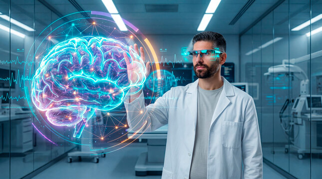 Doctor interacting with holographic brain visualization in advanced medical lab
