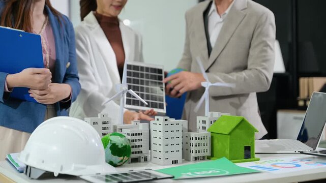Business team working virtual modern smartphone to reduce CO2 emissions carbon footprint climate change to limit global warming.
