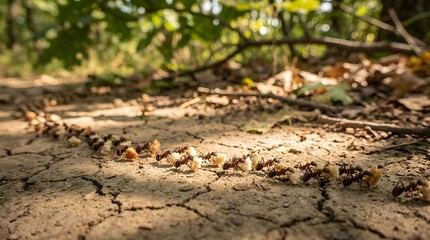 Fototapeta premium Brown Ants Meticulously Carrying Food Pieces in a Single File Line on Dry Forest Ground