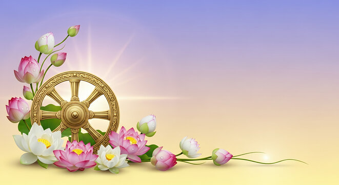 Asalha Puja, soft gradient background, Dharma wheel and lotus flowers 