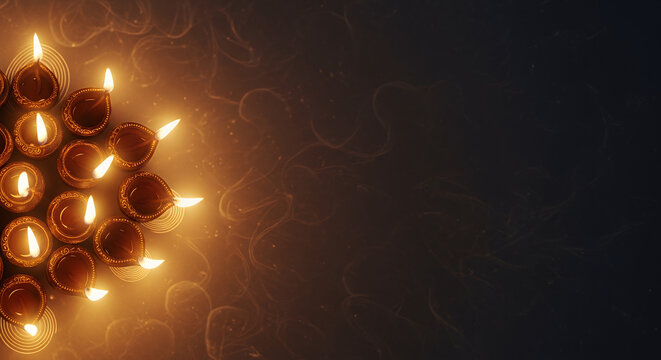 Ashadha Amavasya, abstract glowing diya lights forming sacred aura on the left 