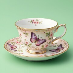 Fototapeta premium Elegant Pink Teacup and Saucer with Purple Butterflies and Floral Patterns, Isolated on Green Background, Perfect for Tea Time or Decorative Use