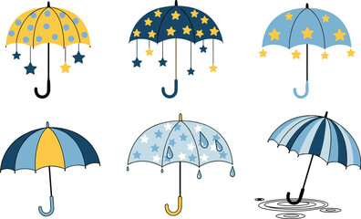 Obraz premium Set of Colorful and Stylish Umbrella Illustrations with Stars, Raindrops, and Fun Patterns for Weather and Fashion Designs