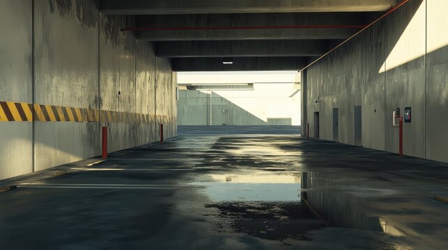 Concrete parking garage with wet asphalt reflecting sunlight and sharp shadows, minimal modern geometry and empty industrial lines evoking solitude and clean urban design