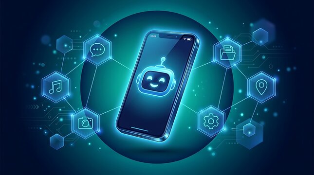Futuristic smartphone displaying a friendly chatbot surrounded by interconnected digital service